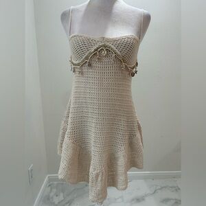 Beige Crochet Strapless Swim Cover-Up Dress With Seashell Details